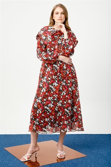 Wide Collar Floral Dress RED