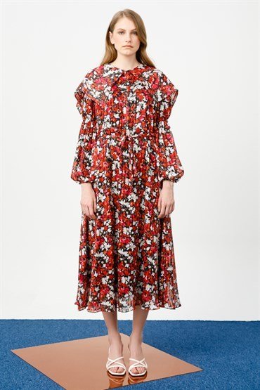 Wide Collar Floral Dress RED