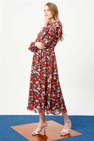 Wide Collar Floral Dress RED