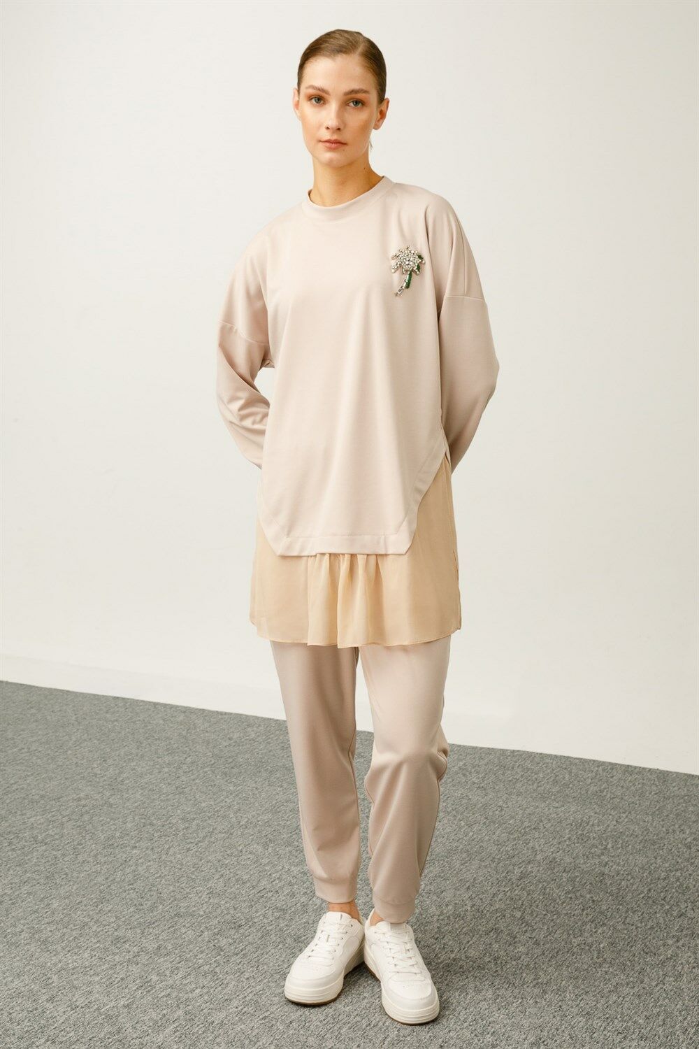 Ghisa Şifon Detaylı Sweat Shirt Pantolon Takımı BEJ