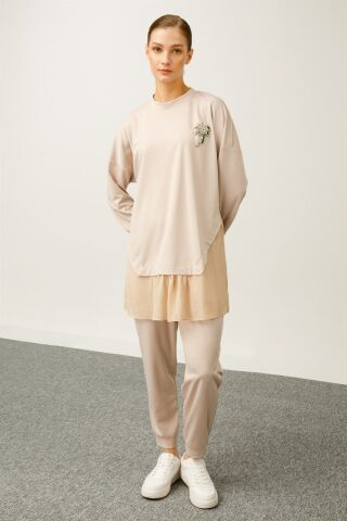 Ghisa Şifon Detaylı Sweat Shirt Pantolon Takımı BEJ