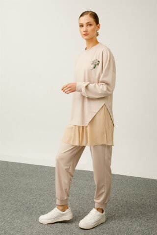 Ghisa Şifon Detaylı Sweat Shirt Pantolon Takımı BEJ