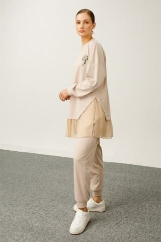 Ghisa Chiffon Detailed Sweat Shirt Pants Set BEIGE