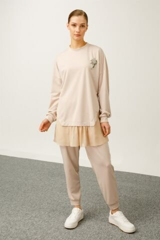 Ghisa Şifon Detaylı Sweat Shirt Pantolon Takımı BEJ