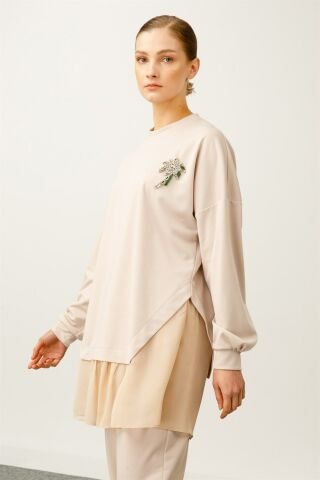 Ghisa Şifon Detaylı Sweat Shirt Pantolon Takımı BEJ