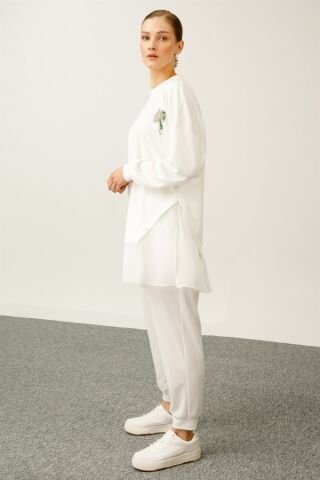 Ghisa Chiffon Detailed Sweat Shirt Pants Set EKRU SOFT