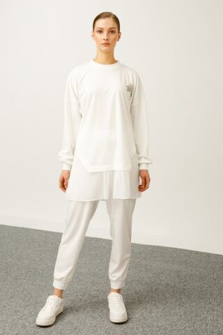 Ghisa Chiffon Detailed Sweat Shirt Pants Set EKRU SOFT