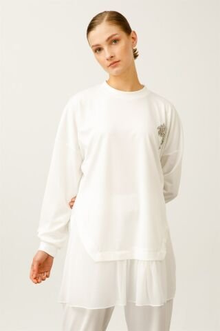 Ghisa Chiffon Detailed Sweat Shirt Pants Set EKRU SOFT