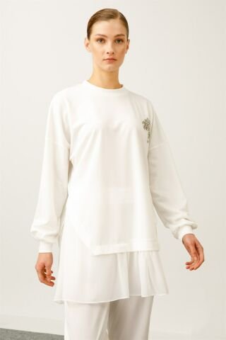 Ghisa Chiffon Detailed Sweat Shirt Pants Set EKRU SOFT