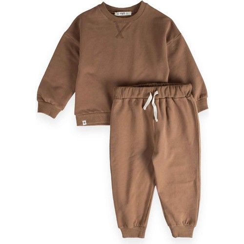 Basic Oversized Bed Detailed Sweatshirt Set 3-8 Ages Brown