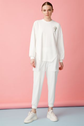 Ghisa Şifon Detaylı Sweat Shirt Pantolon Takımı EKRU