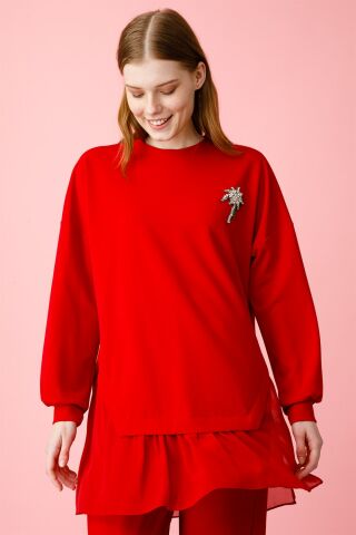 Ghisa Şifon Detaylı Sweat Shirt Pantolon Takımı KIRMIZI