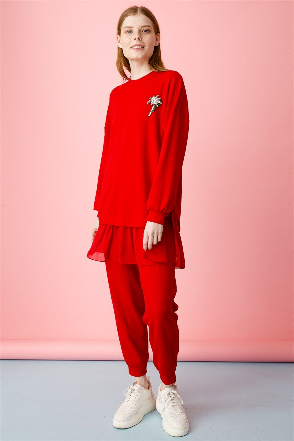 Ghisa Chiffon Detailed Sweat Shirt Pants Set RED