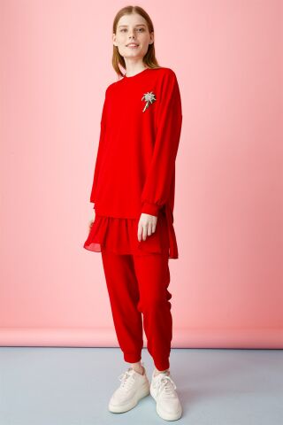 Ghisa Şifon Detaylı Sweat Shirt Pantolon Takımı KIRMIZI