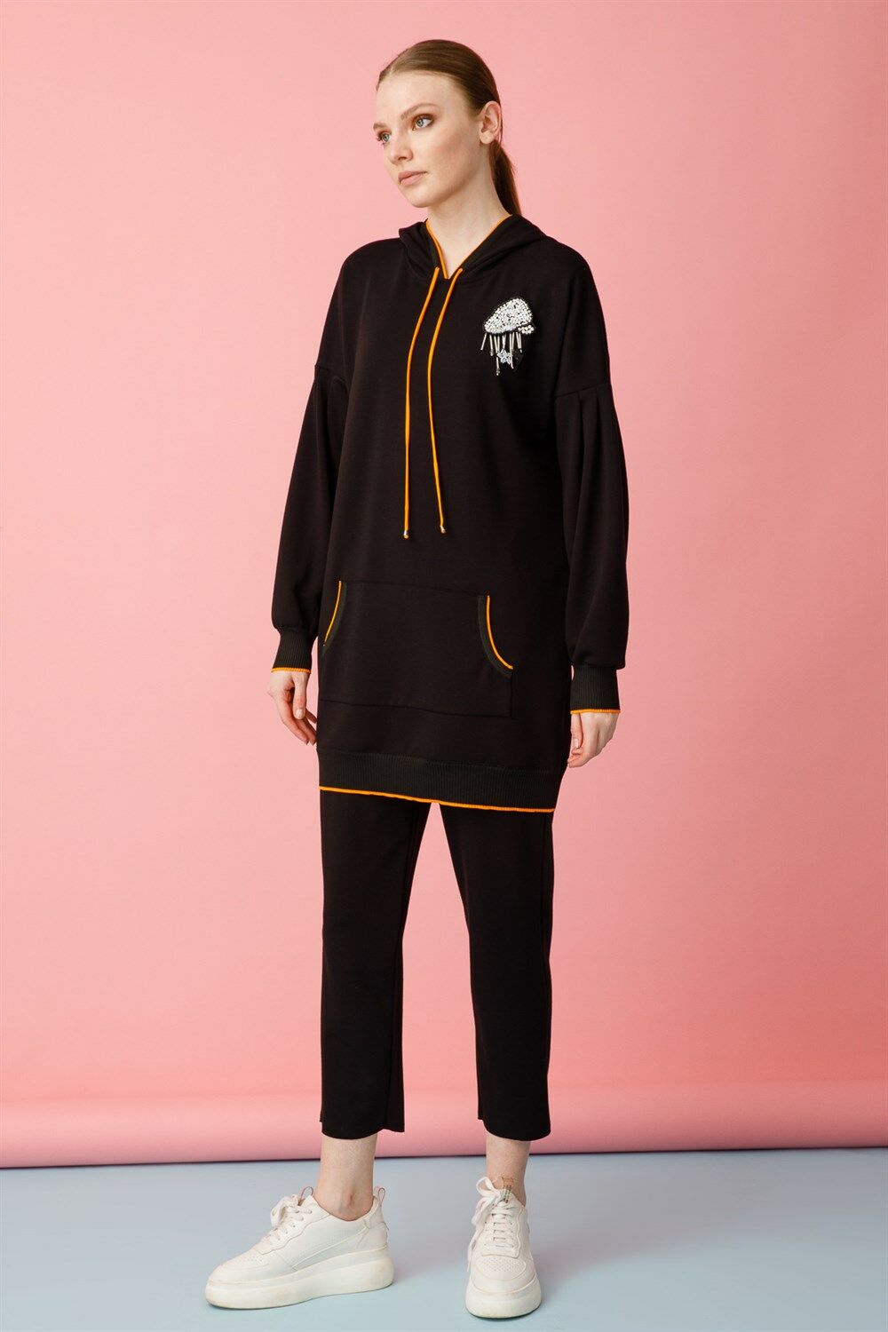 Ghisa Hooded Tunic Pants Set BLACK