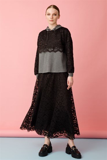 Lace Detailed Tunic Skirt Set ANTHRACITE