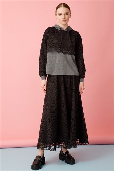 Lace Detailed Tunic Skirt Set ANTHRACITE