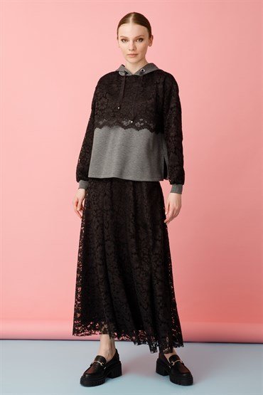 Lace Detailed Tunic Skirt Set ANTHRACITE