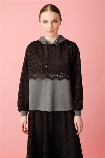 Lace Detailed Tunic Skirt Set ANTHRACITE