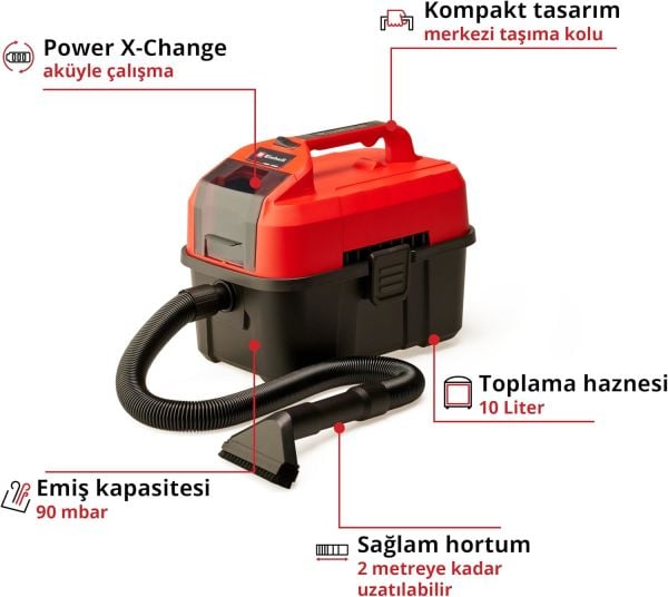 Einhell TE-VC 18/10 Li - Solo, Akülü Islak/Kuru Süpürge