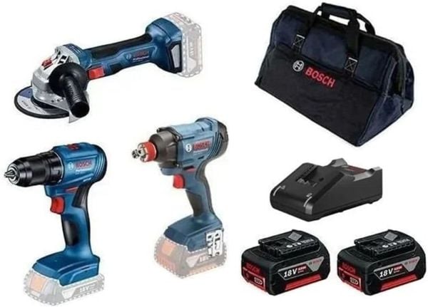 BOSCH GSR 185 + GDX 180 + GWS 180 3'lü Akülü Makine Seti 2 x 4.0 Amper Çift Akülü