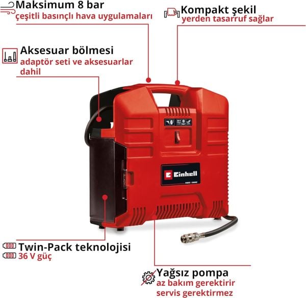 Einhell TE-AC 36/8 Li OF Set -Solo, Akülü Kompresör - Çanta tipi