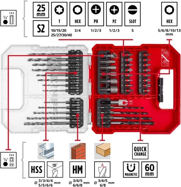 Einhell 40 Parça Delici ve vidalama uç seti L-CASE kutu