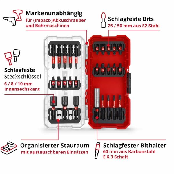 Einhell S-CASE 28 Parça Darbeye Dayanıklı Bits Uç Seti (25 mm Uçlar, 50 mm Uçlar, 60 mm Uç Tutucu, Lokmalar Dahil Saklama Kutusu)