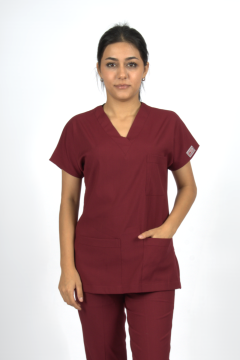 Bordo Premium Flex Likralı Unisex Scrubs Doktor Hemşire Forma Üst