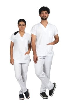 Beyaz Premium Flex Unisex Likralı Scrubs Doktor Hemşire Üniforma Takım