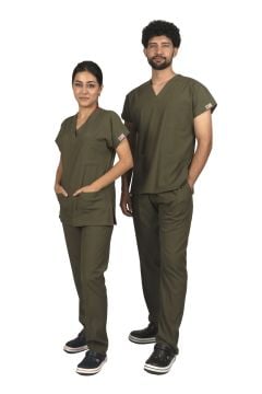 Haki Premium Flex Unisex Likralı Scrubs Doktor Hemşire Üniforma Takım