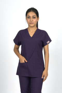 Mor Premium Flex Likralı Unisex Scrubs Doktor Hemşire Forma Üst