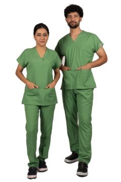 Çimen Yeşili Premium Flex Unisex Likralı Scrubs Doktor Hemşire Üniforma Takım