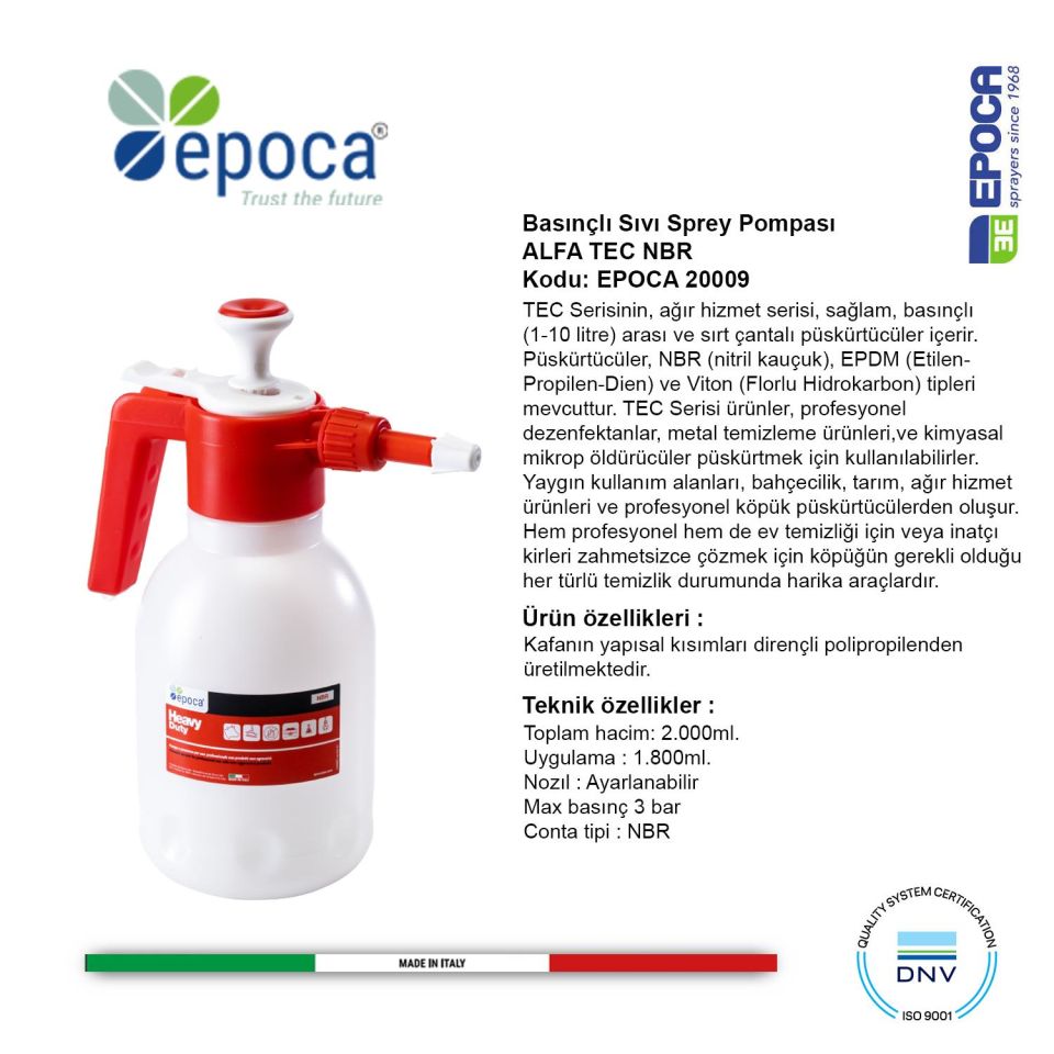 Epoca ALFA TEC NBR Contali Sivi ve Deterjan Püskürtme Pompasi 2Lt.