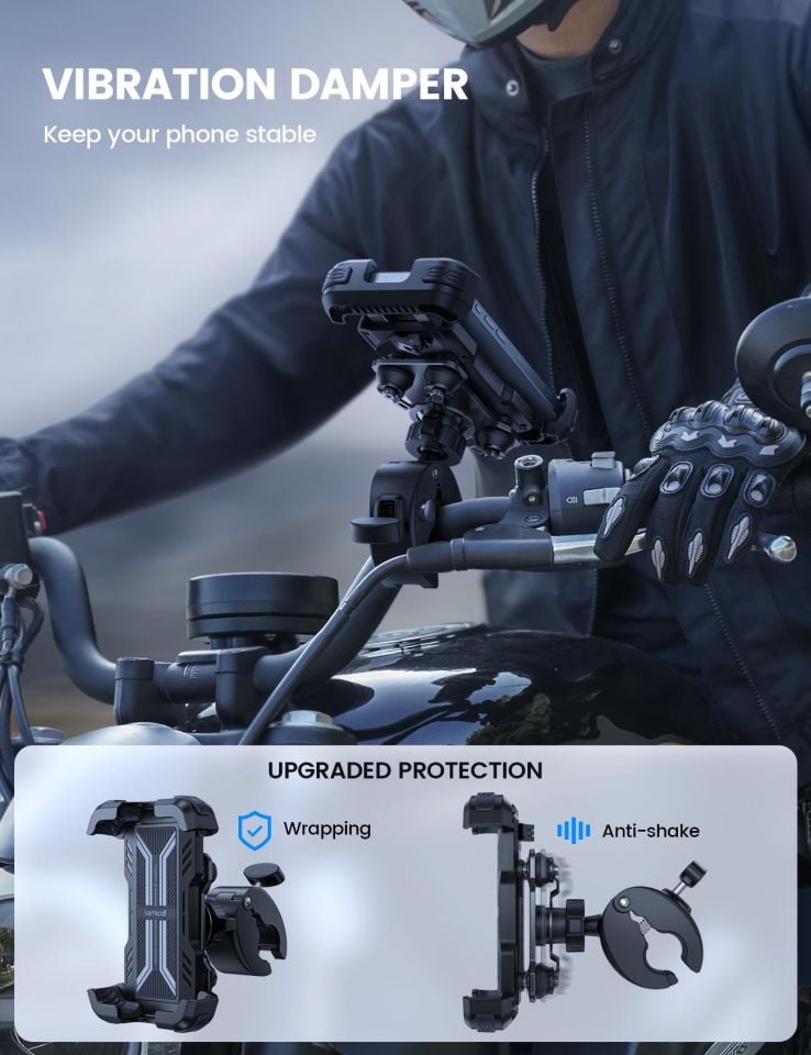 Lamicall Motosiklet için Telefon Tutucu Çift Titresim Engelleyici ve Sarsinti Önleyici BCSP01