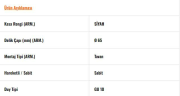 JH721 S Siyah GU10 Duylu Sabit Kare Spot
