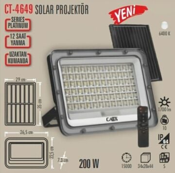 CT-4649 200W Solar Led Projektör Gri