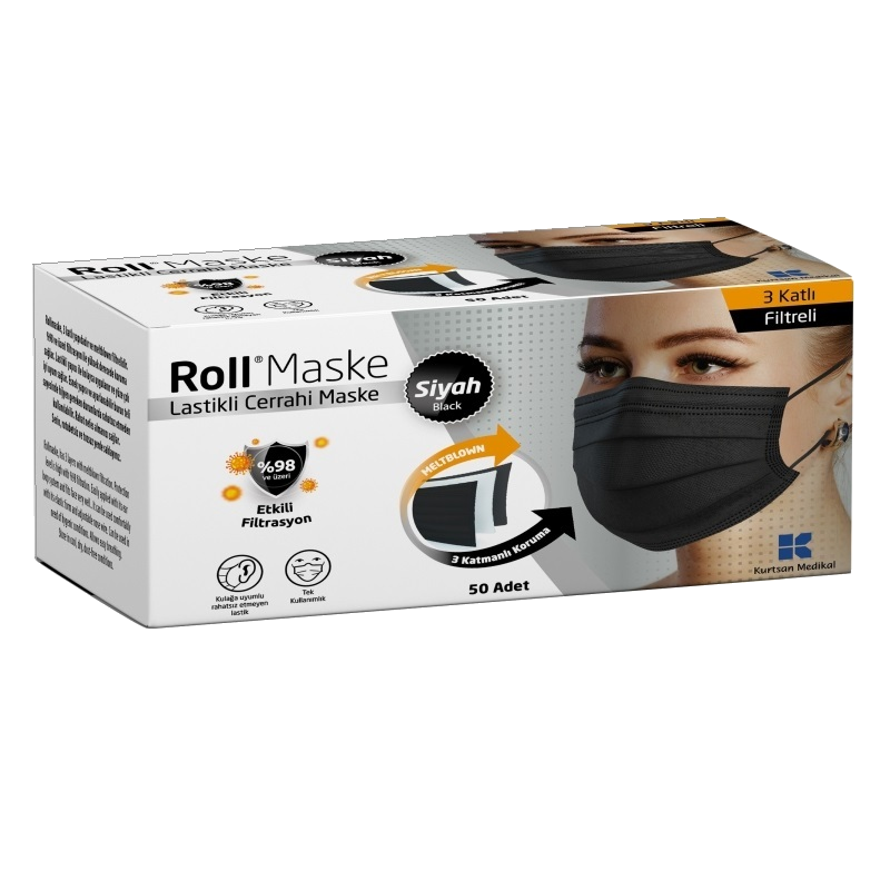 Roll Cerrahi Maske Siyah - 50 Adet