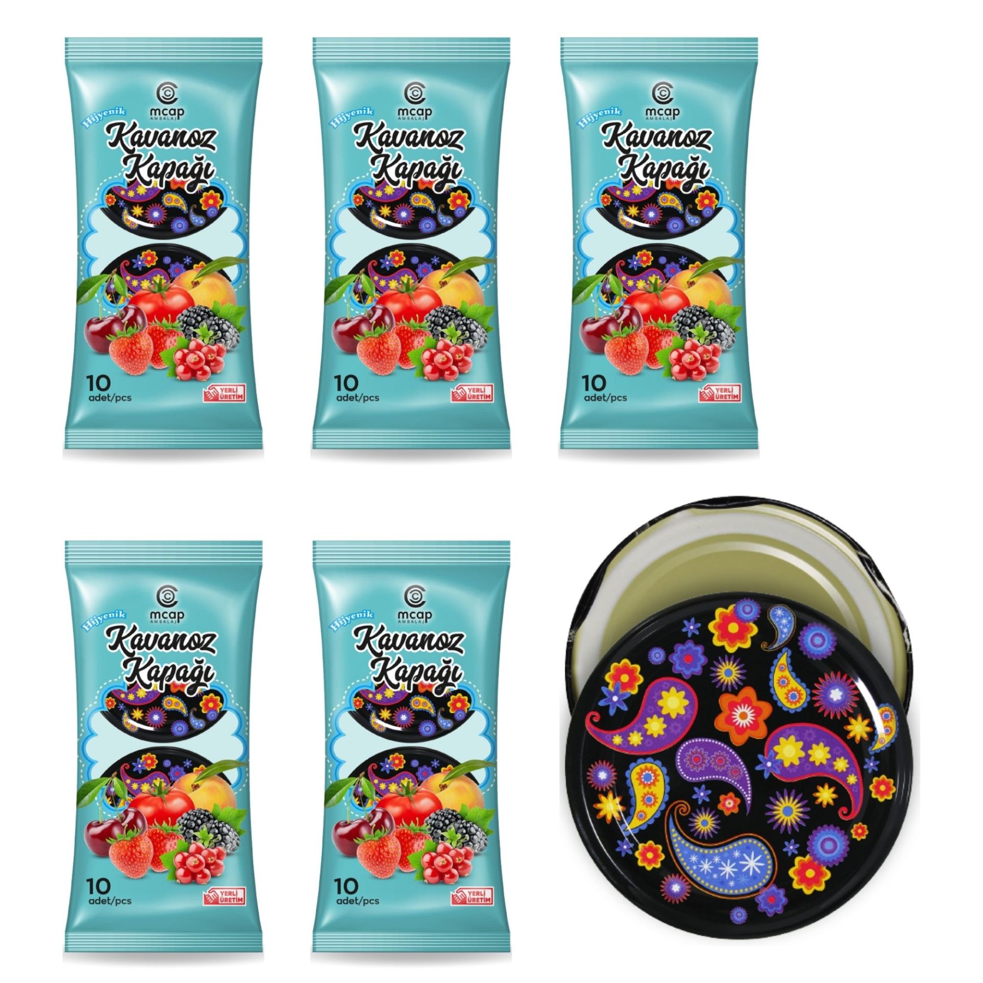 Desenli Konserve Kavanoz Kapağı - 5 Paket - 50 Adet (Standart Boy - 82 mm) - Şal Desenli