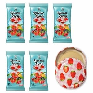 Desenli Konserve Kavanoz Kapağı - 5 Paket - 50 Adet (Standart Boy - 82 mm) - Çilek Desenli