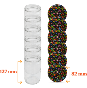 Cam Kavanoz ve Bahar Desenli Kavanoz Kapak Çeşitleri  - 6 Adet (660 ml - 82mm)