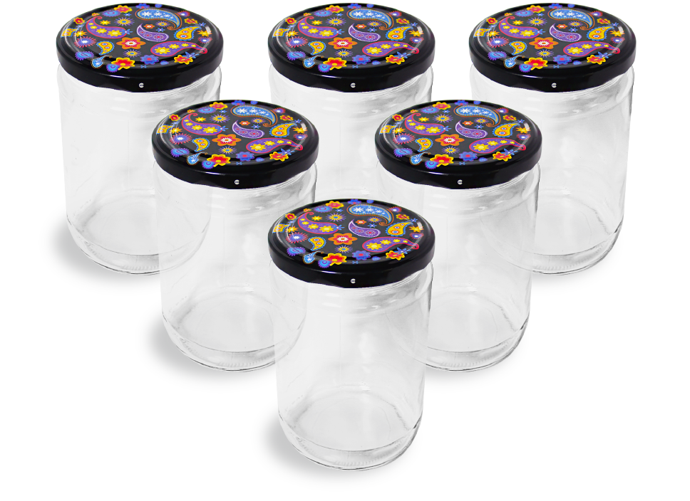 Cam Kavanoz ve Şal Desenli Kavanoz Kapak Çeşitleri  - 6 Adet (660 ml - 82mm)