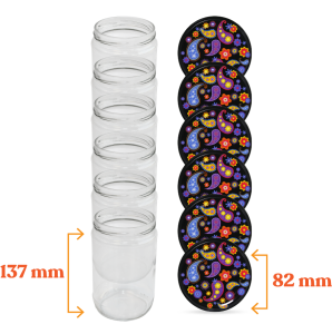 Cam Kavanoz ve Şal Desenli Kavanoz Kapak Çeşitleri  - 6 Adet (660 ml - 82mm)