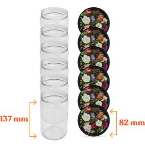 Cam Kavanoz ve Gül Desenli Kavanoz Kapak Çeşitleri  - 6 Adet (660 ml - 82mm)