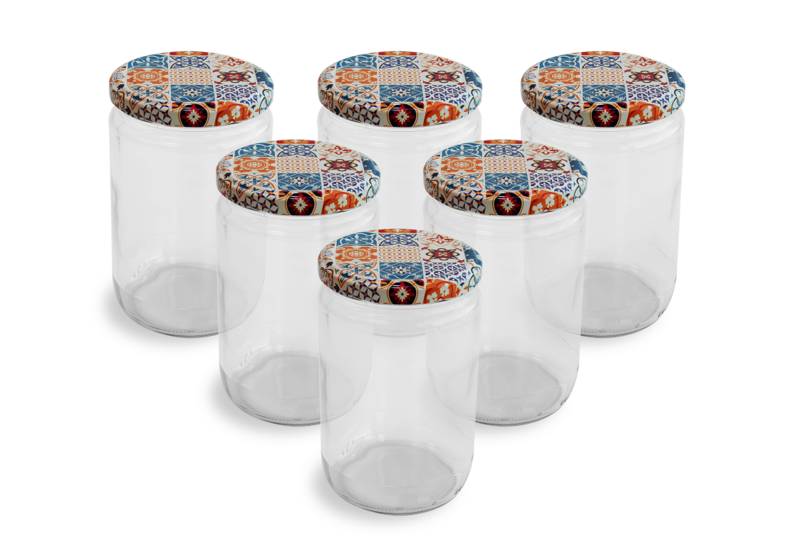 Cam Kavanoz ve Çini 1 Desenli Kavanoz Kapak Çeşitleri  - 6 Adet (660 ml - 82mm)