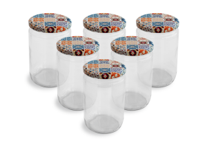 Cam Kavanoz ve Çini 1 Desenli Kavanoz Kapak Çeşitleri  - 6 Adet (660 ml - 82mm)