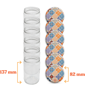 Cam Kavanoz ve Çini 1 Desenli Kavanoz Kapak Çeşitleri  - 6 Adet (660 ml - 82mm)