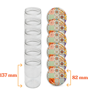 Cam Kavanoz ve Çini 2 Desenli Kavanoz Kapak Çeşitleri  - 6 Adet (660 ml - 82mm)