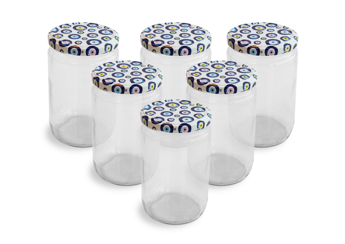Cam Kavanoz ve Nazar Boncuğu Desenli Kavanoz Kapak Çeşitleri  - 6 Adet (660 ml - 82mm)