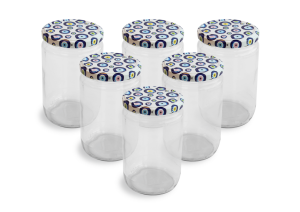 Cam Kavanoz ve Nazar Boncuğu Desenli Kavanoz Kapak Çeşitleri  - 6 Adet (660 ml - 82mm)